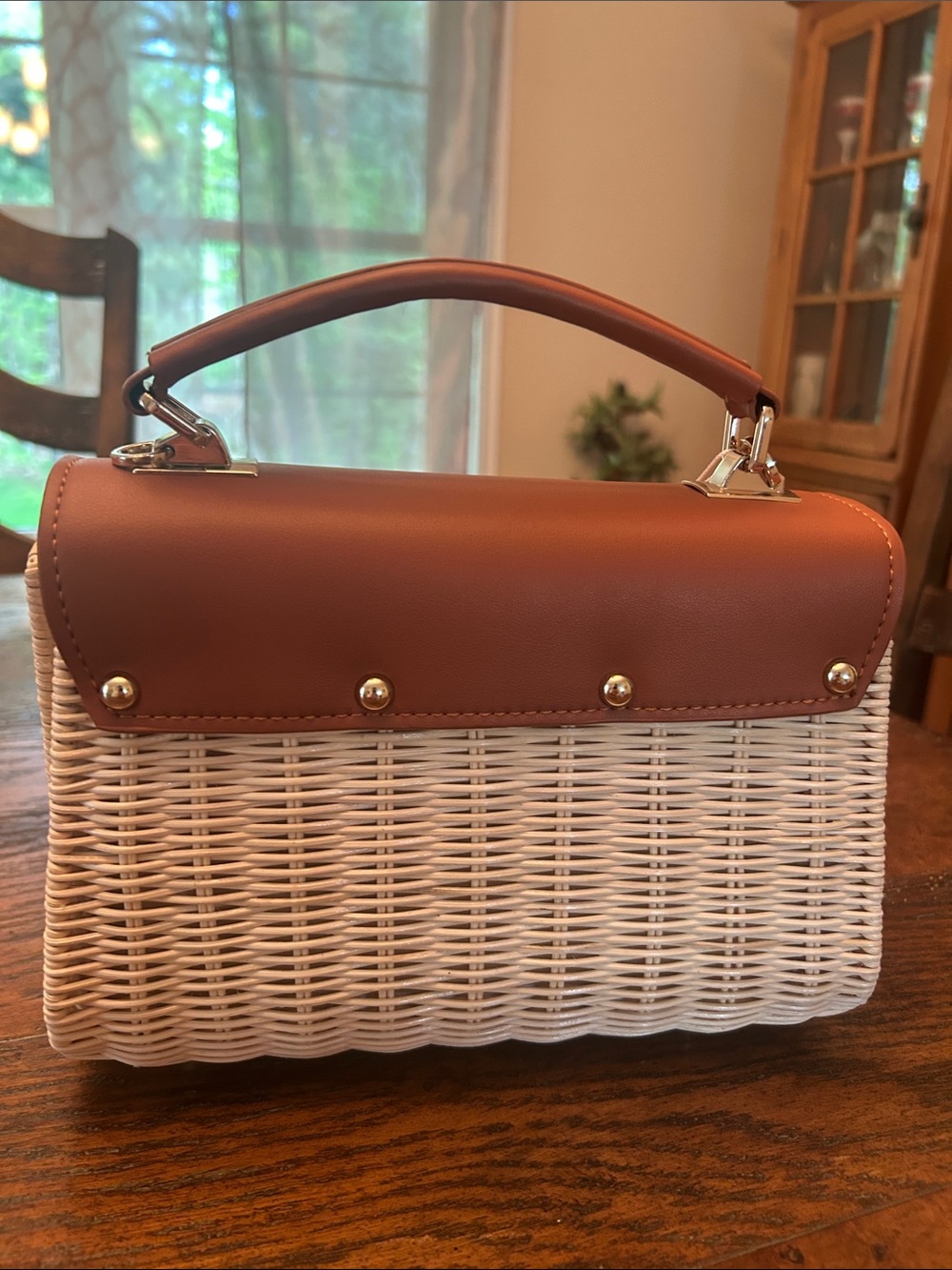 Tommy Bahama Natural Woven Rattan Leather Top Handle Satchel Crossbody Bag Tan - Picture 11 of 16